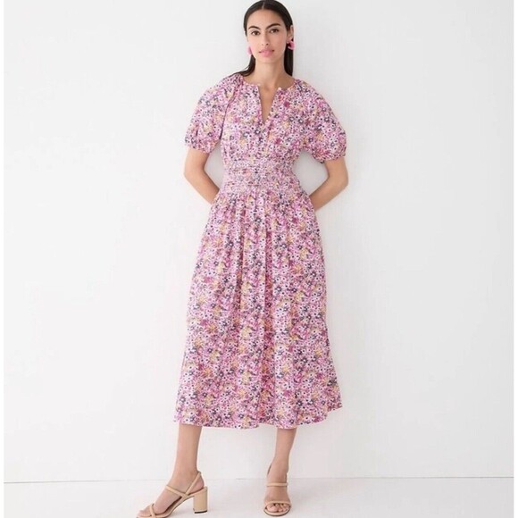 J Crew Puff Sleeve Smocked Midi in Pink Floral Fields Preppy Dress Size L NWT - Picture 1 of 16